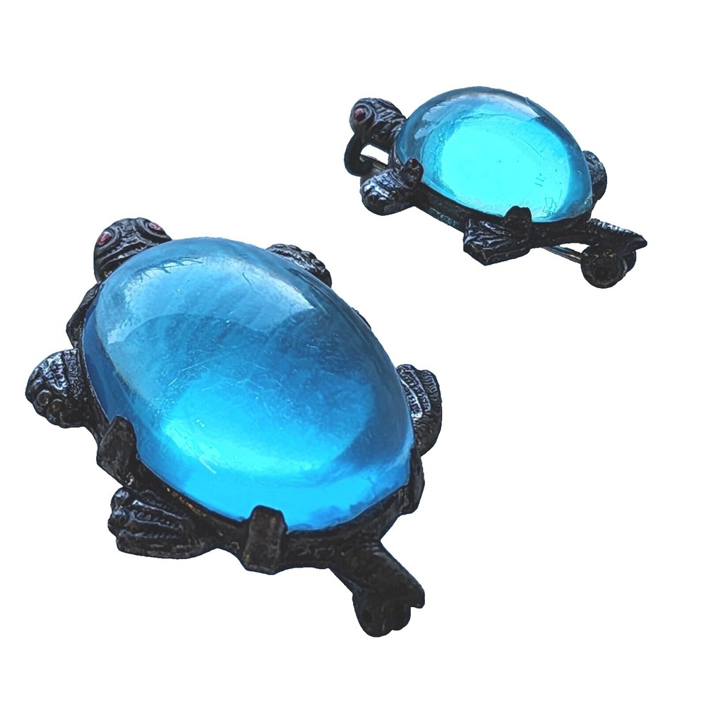 Jelly Belly Blue Turtle Tortoise Pair Mom Baby Silver Tone Vintage Brooch Pin